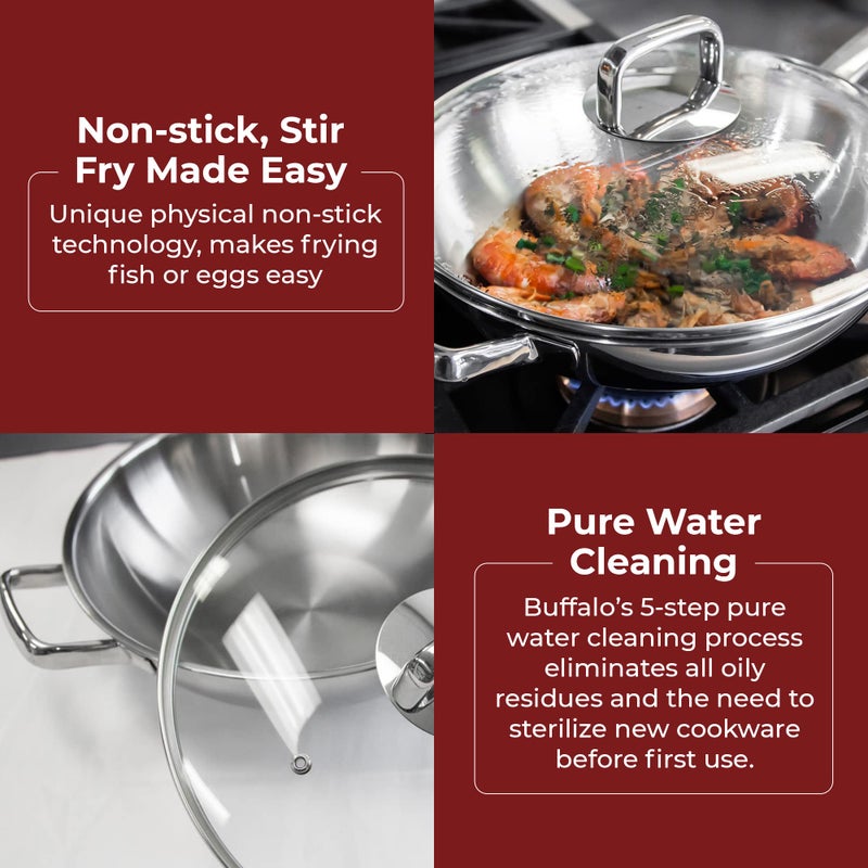 BUFFALO Clad Stainless Steel Wok Pan with Lid Flat Bottom 12 inch (30cm) - Small Stir Frying Pan with Stay-Cool Long Handle - Tri-Ply Nonstick Deep Cooking Pot for Induction/Electric/Gas Stoves - Image 3